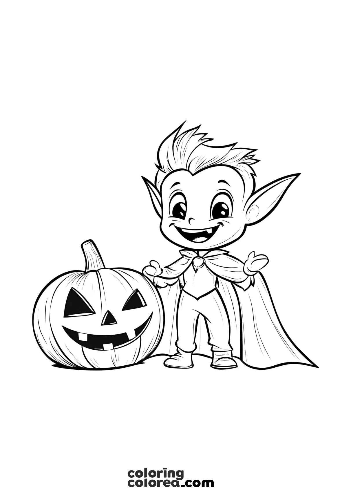 Colouring drawing of a child vampire with a Halloween pumpkin. Dracula