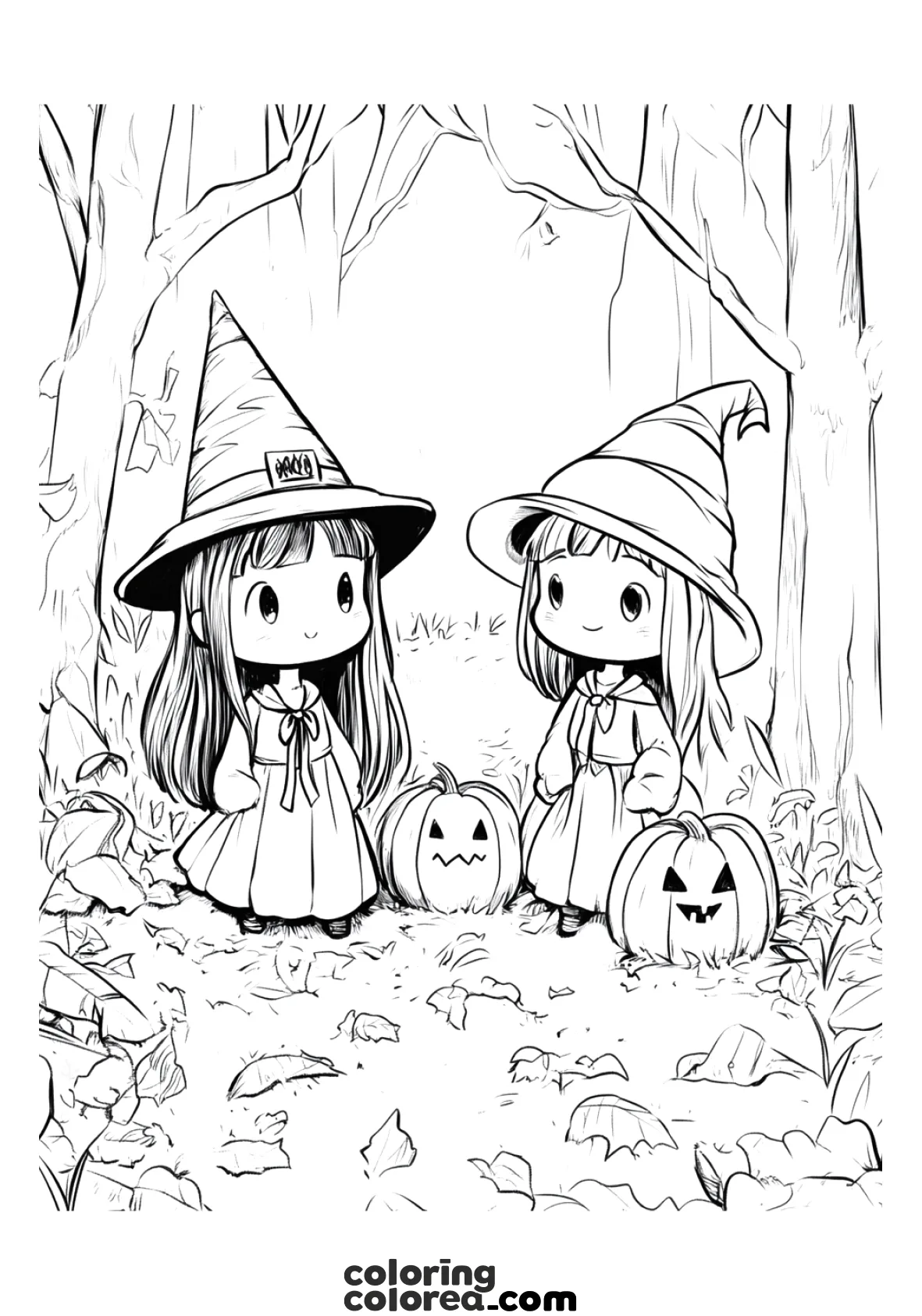 Colouring drawing of two girls dressed up as witches for Halloween