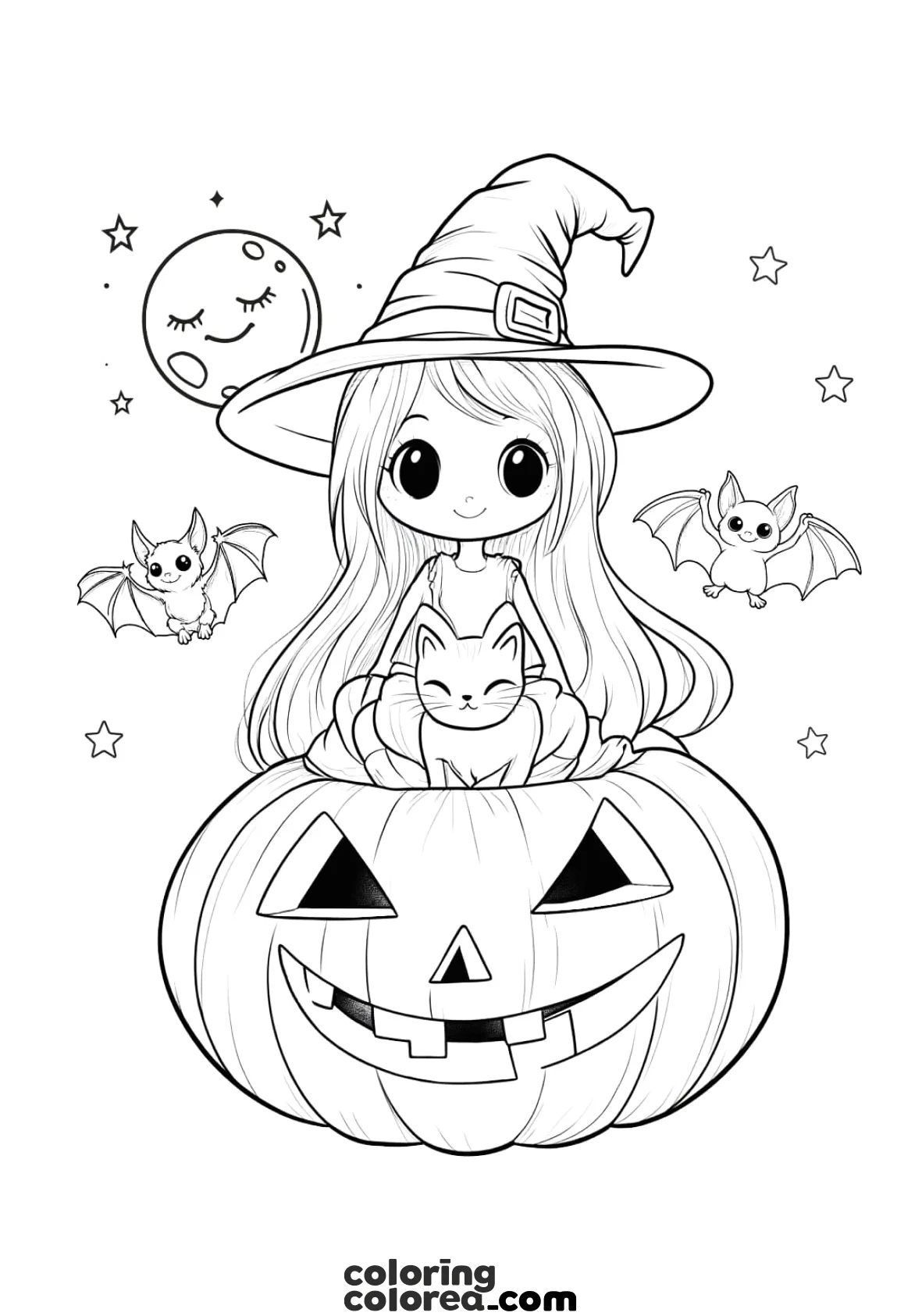 Drawing for colouring of a little witch and her cat in a giant pumpkin