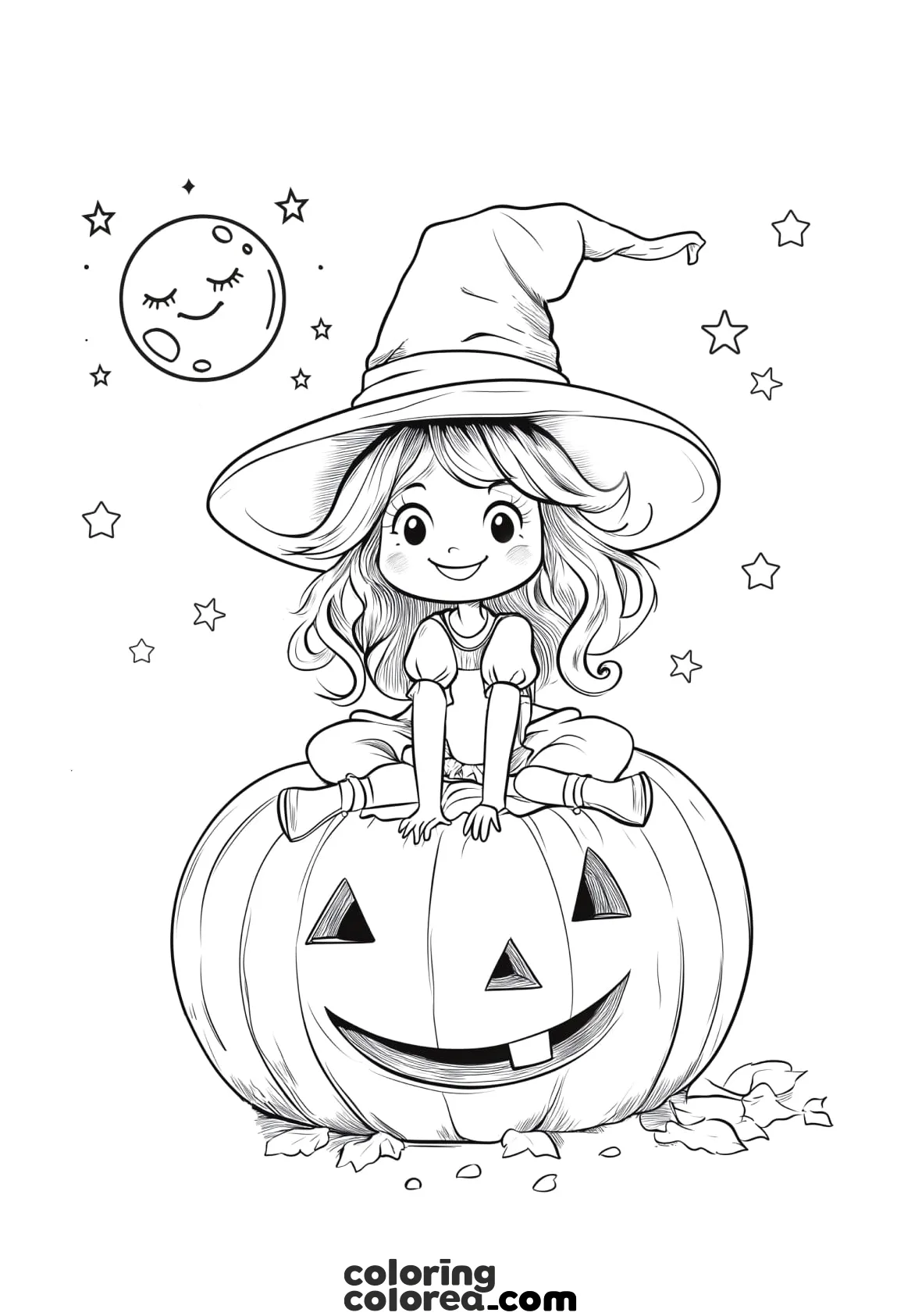 Colouring drawing of a little girl witch riding on a big pumpkin