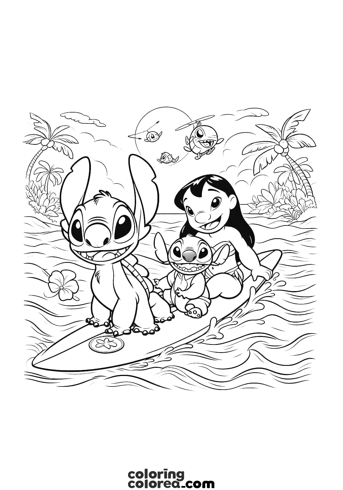 Dibujo para colorear de Lilo y Stich haciendo surf