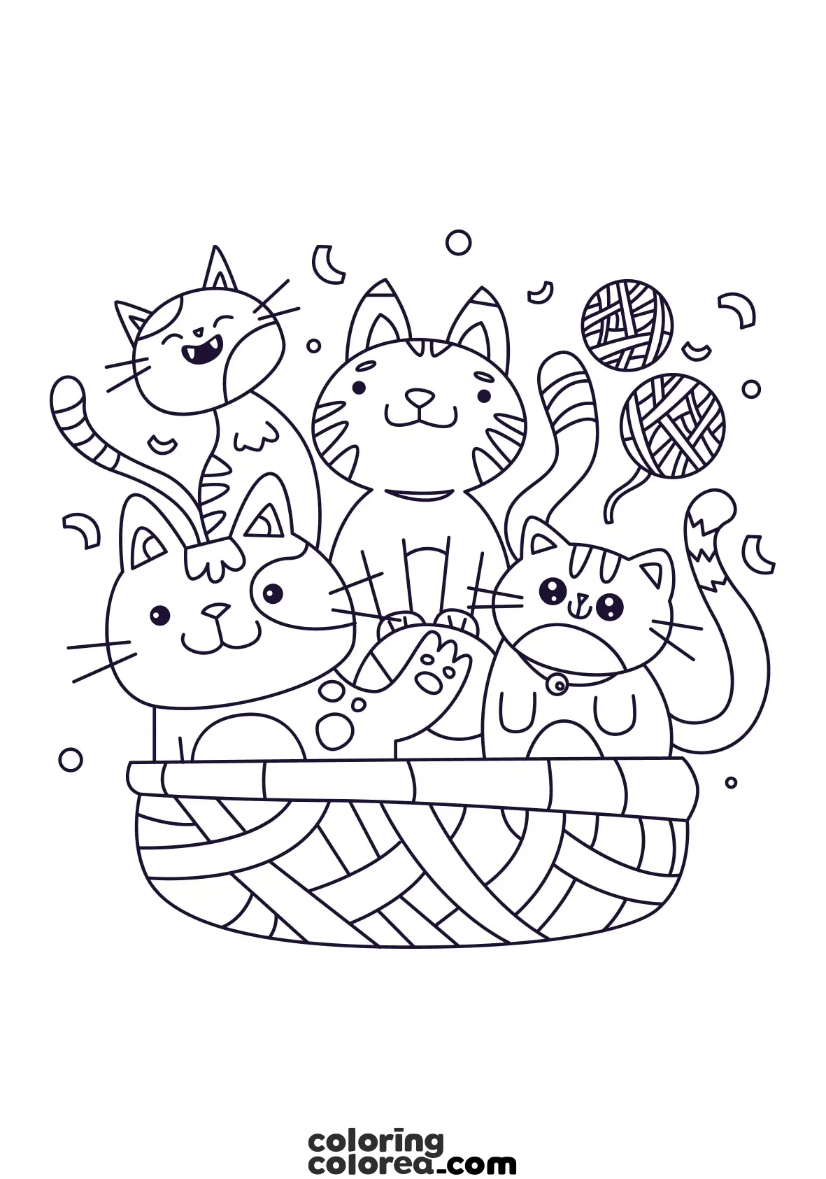Dibujo para colorear gratis de una familia de gatos en una cesta