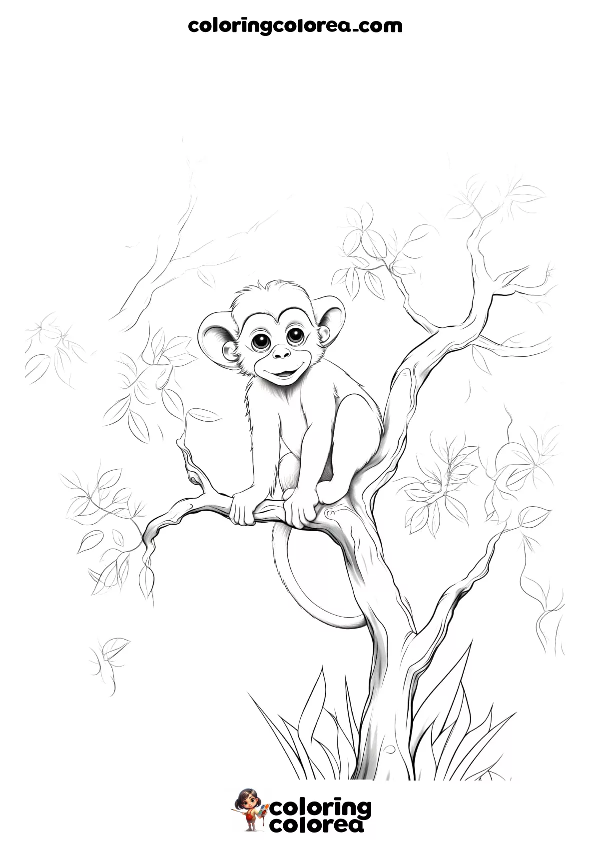 Dibujo para colorear gratis de un pequeño mono en la rama de un árbol