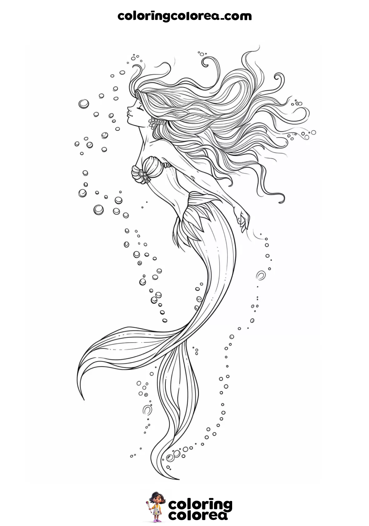 Dibujo para colorear gratis de una sirena en el fondo del mar