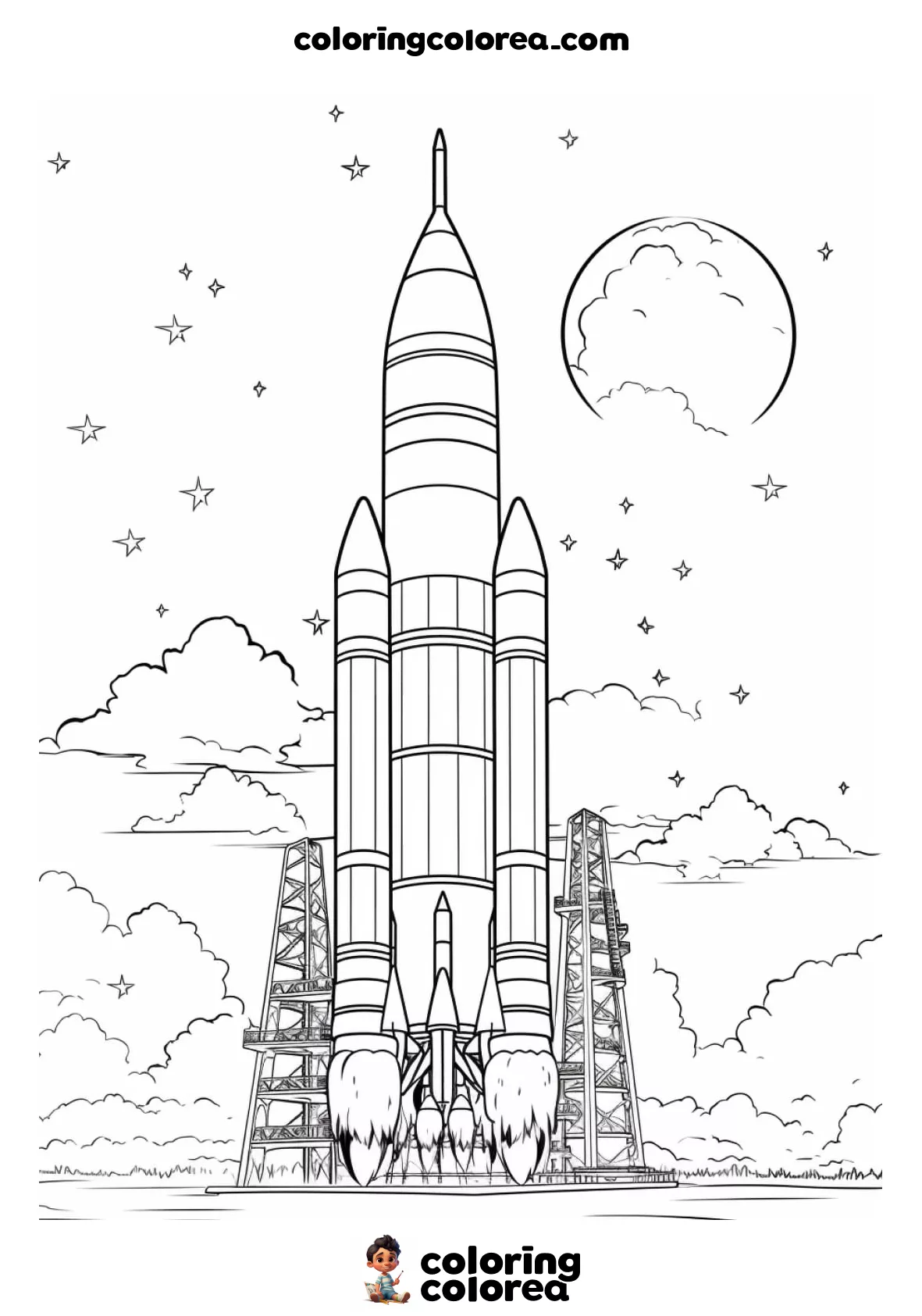 Dibujo para colorear del cohete espacial de la NASA Apolo XI hacia la luna
