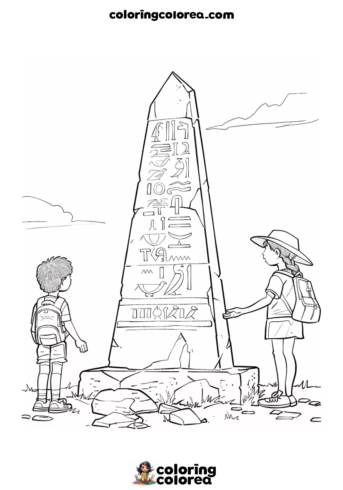 Dibujo para colorear de dos exploradores contemplando un monolito con jeroglíficos en Egipto