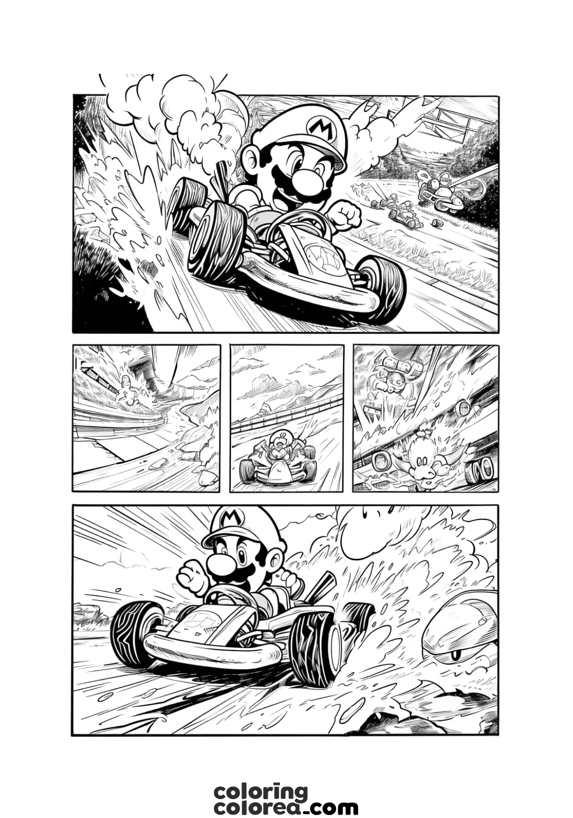 Dibujo para colorear de un comic de Mario en su coche