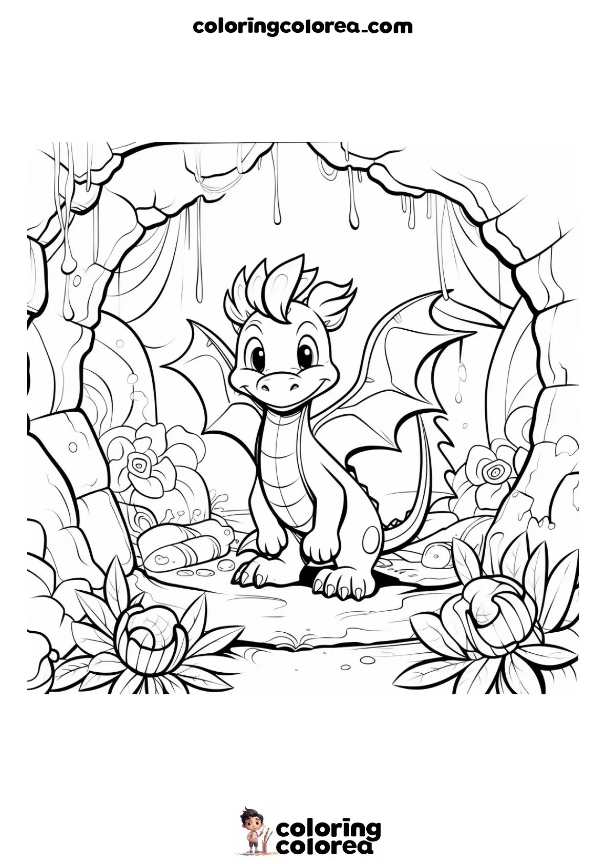 Dibujo para colorear de un jóven dragón en su cueva