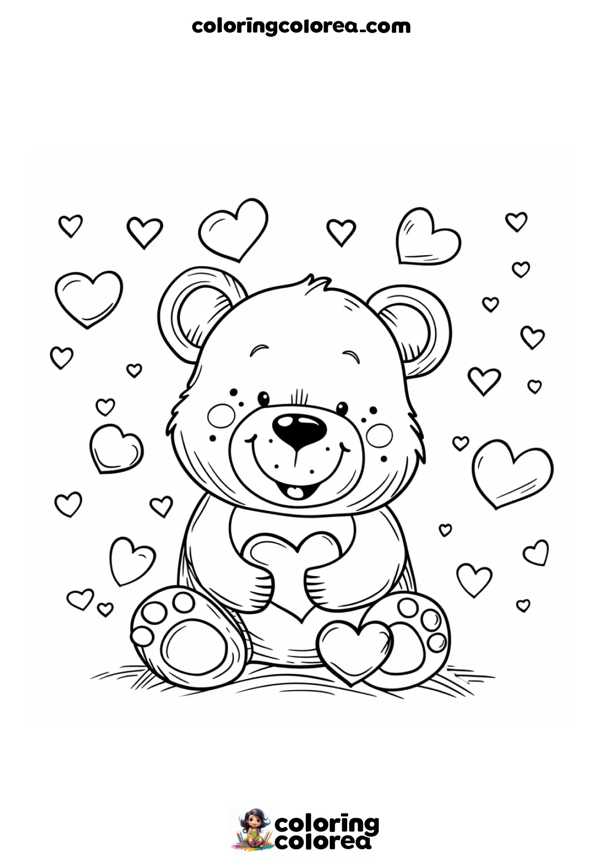 Dibujo para colorear gratis de un osito de peluche con corazones a su alrededor