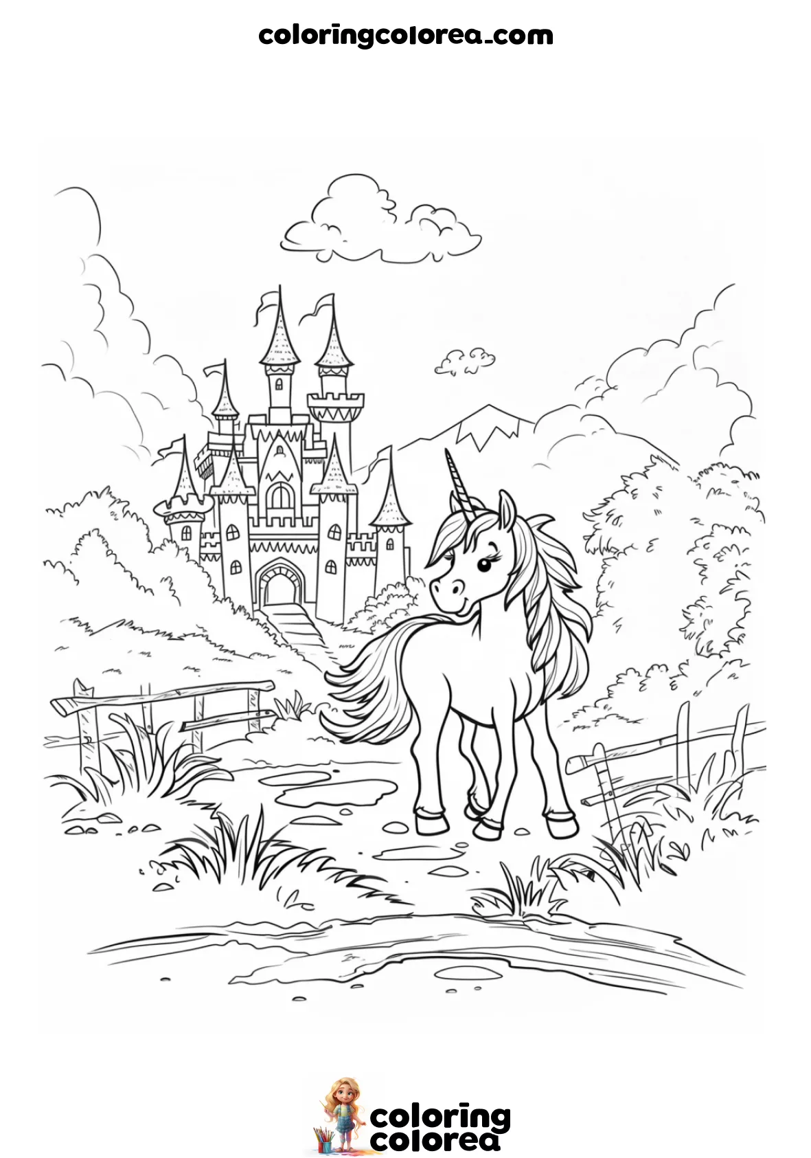 Dibujo para colorear gratis de un unicornio con un gran castillo al fondo