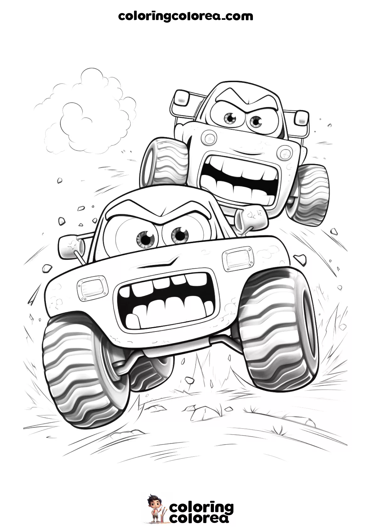 Dibujo para colorear gratis de una carrera de coches tipo monstertruck