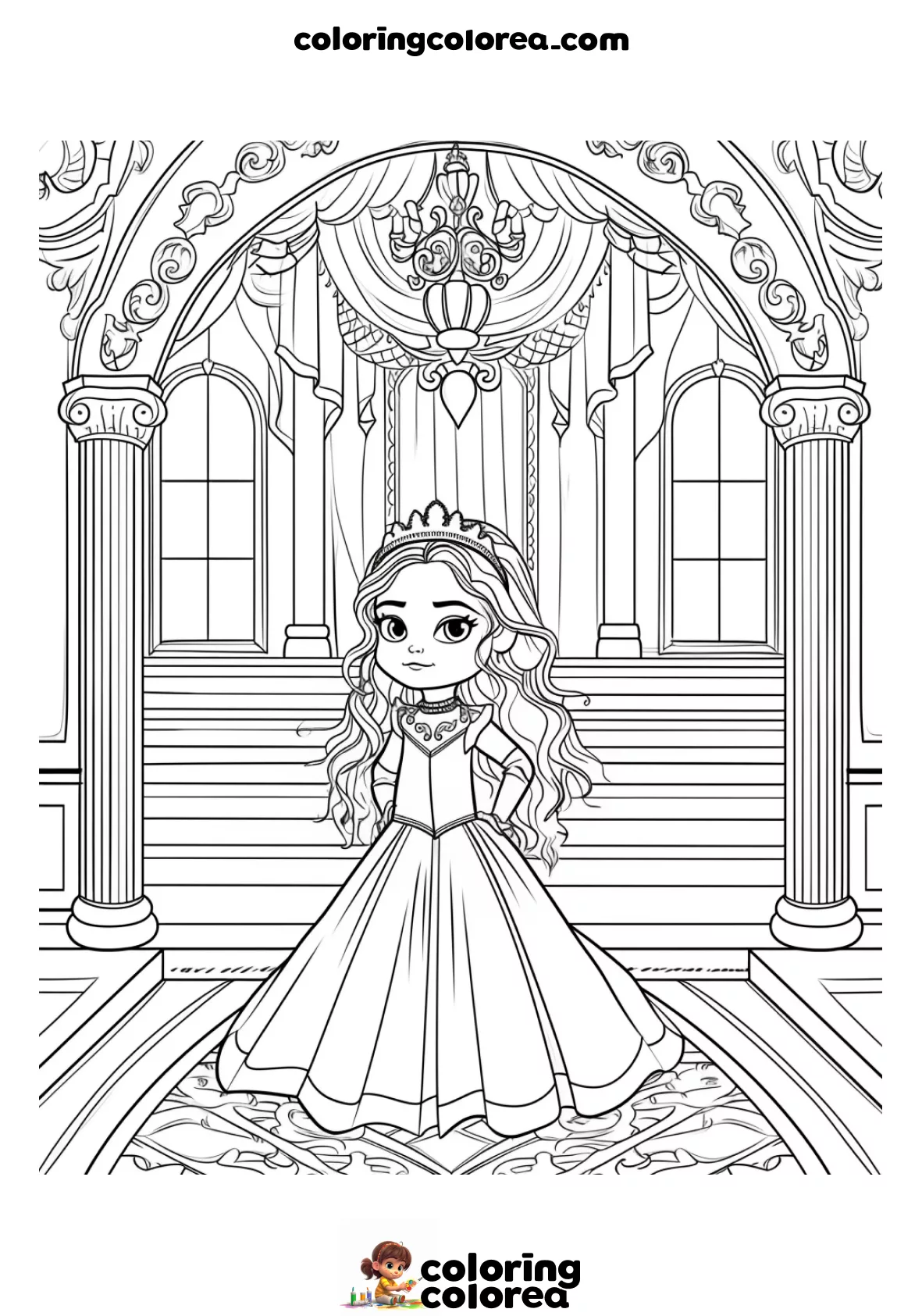 Dibujo para colorear de una Princesa en el salón de su palacio
