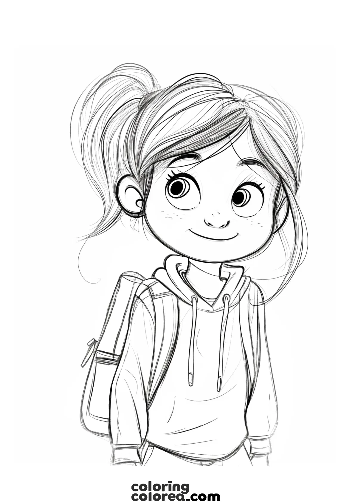 Drawing for colouring of a teenage girl on her way back to school.