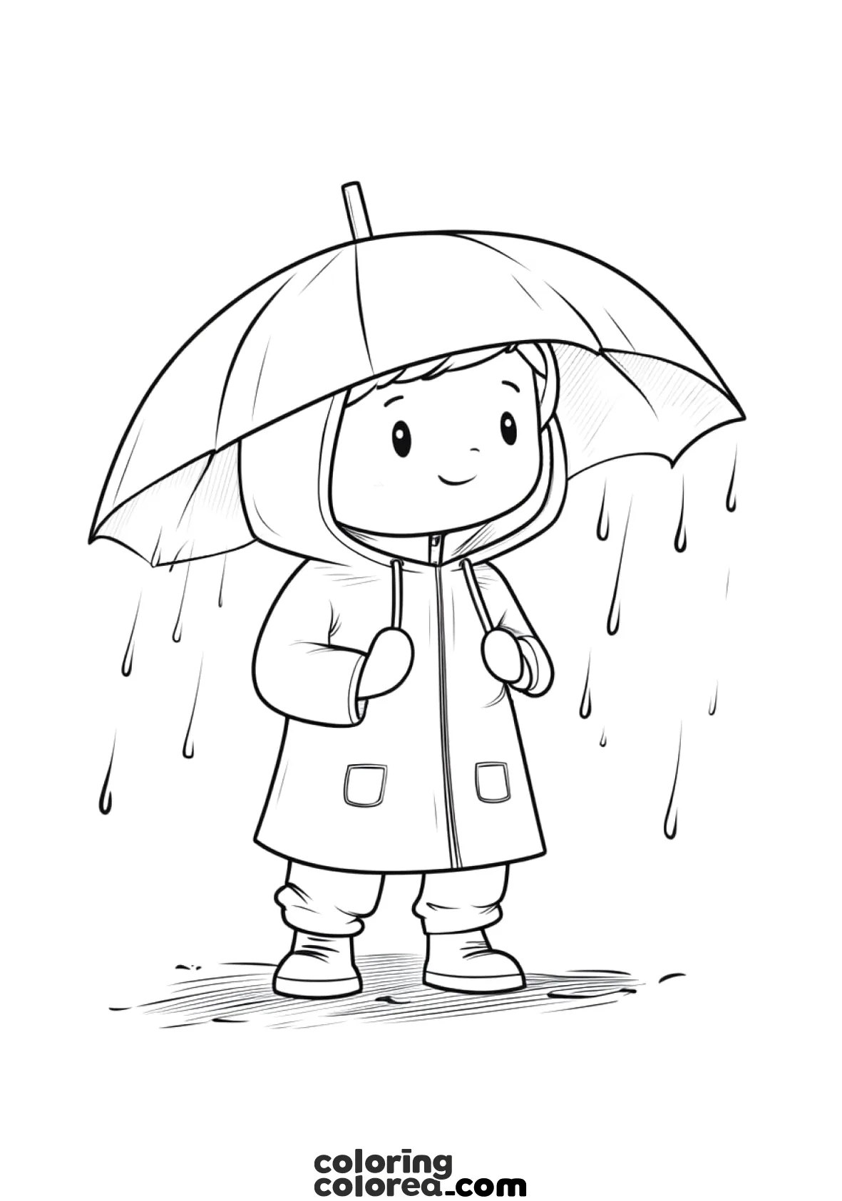 Free colouring drawing of a child under an umbrella on a rainy day