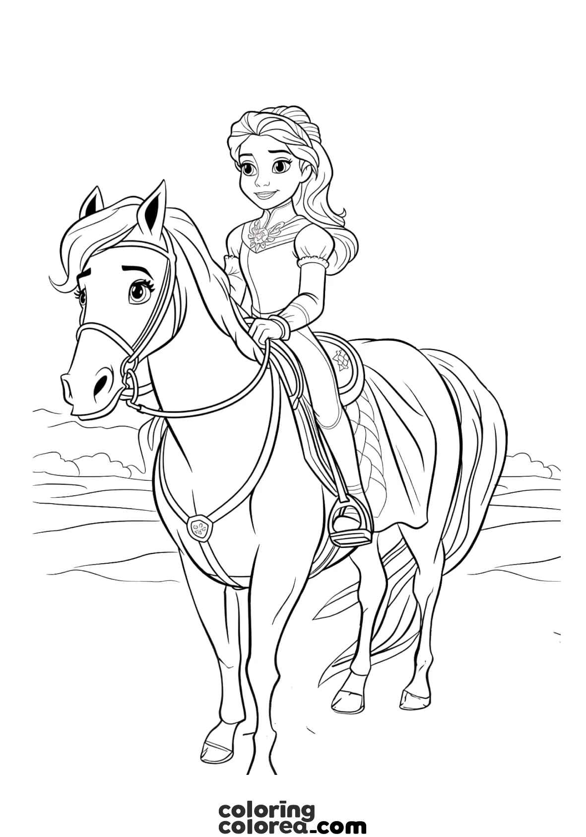 Free colouring pages of a princess riding a horse