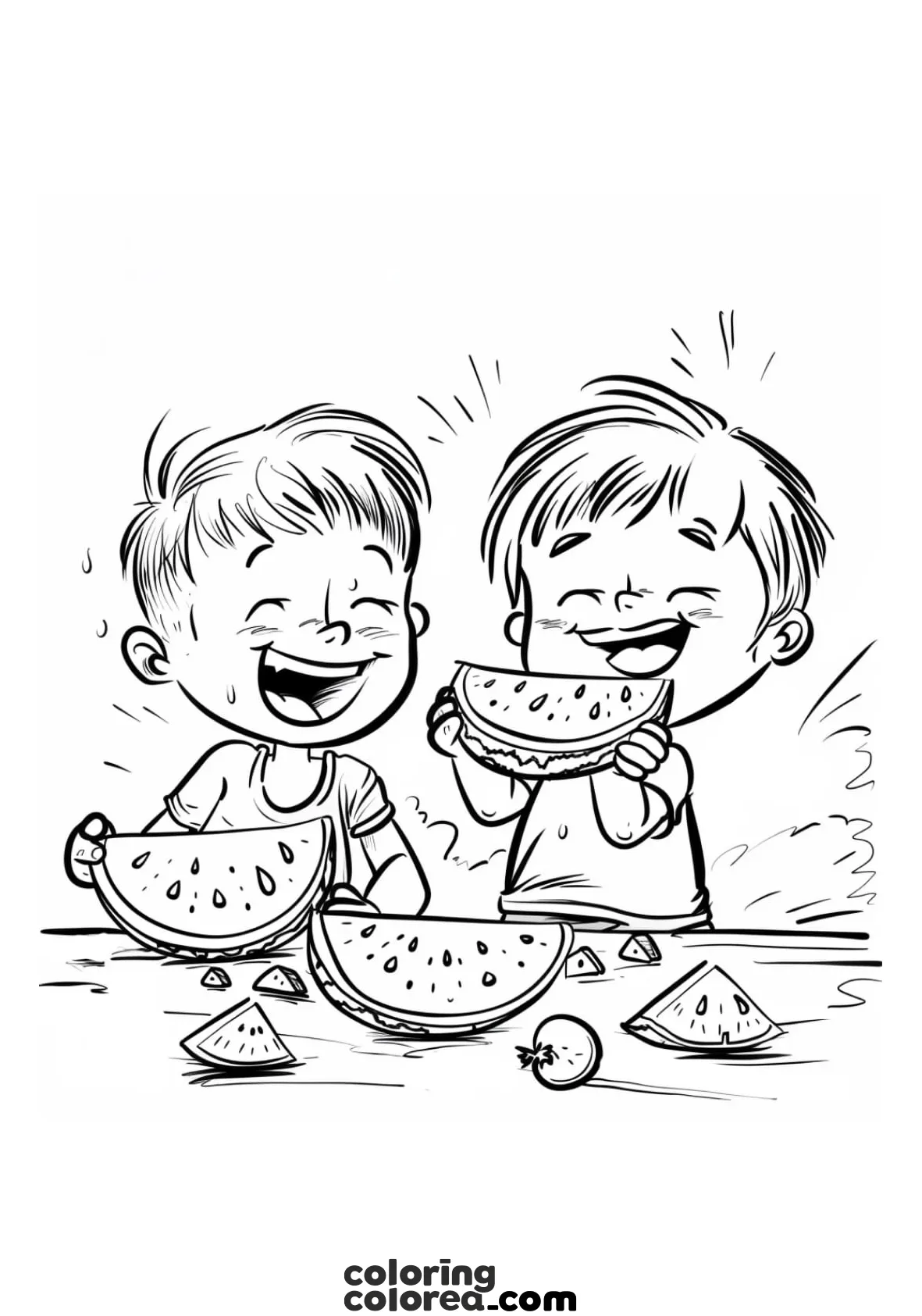 Colouring drawing of two children enjoying a tasty watermelon.