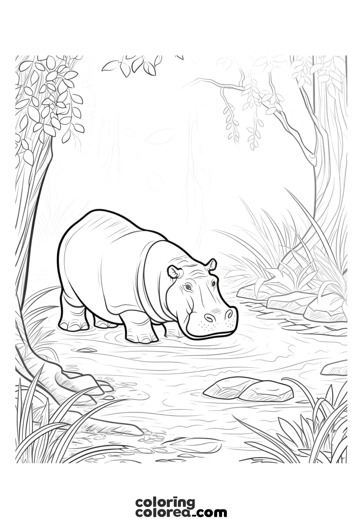 Free colouring drawing of a hippopotamus in the water