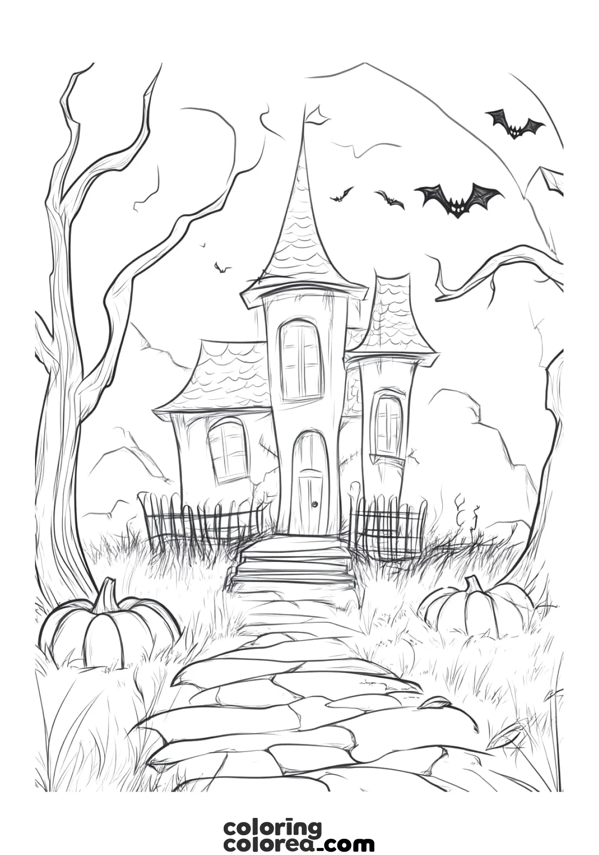 Drawing of a spooky Halloween house to colour