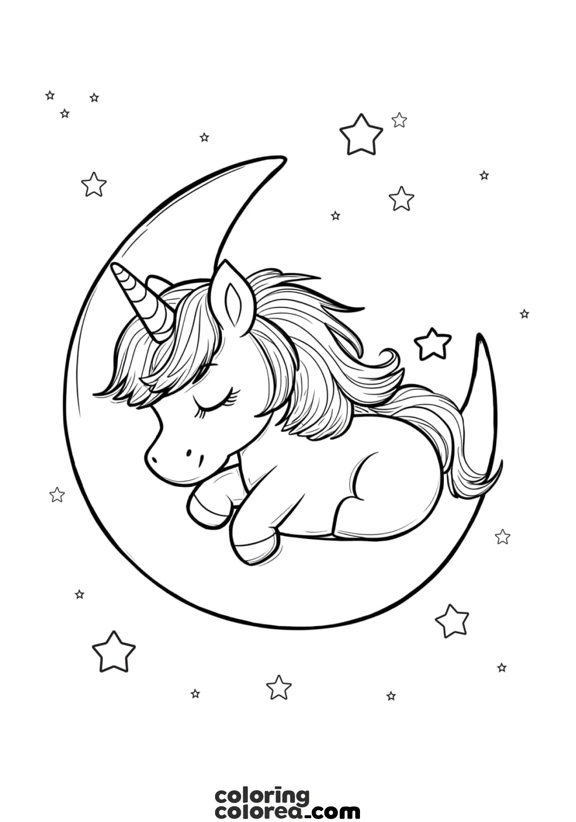 Coloring drawing of a little unicorn sleeping in the crescent moon