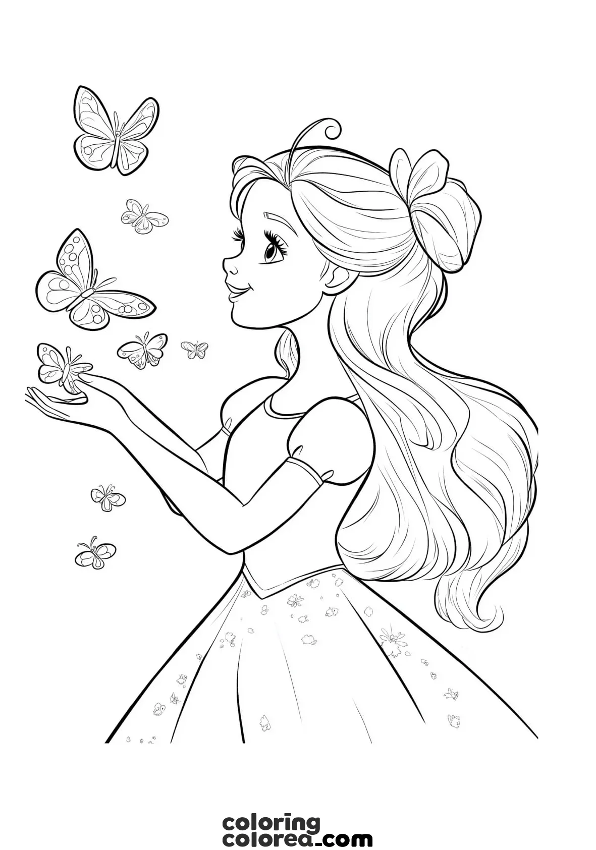 Colouring page of a princess playing with butterflies