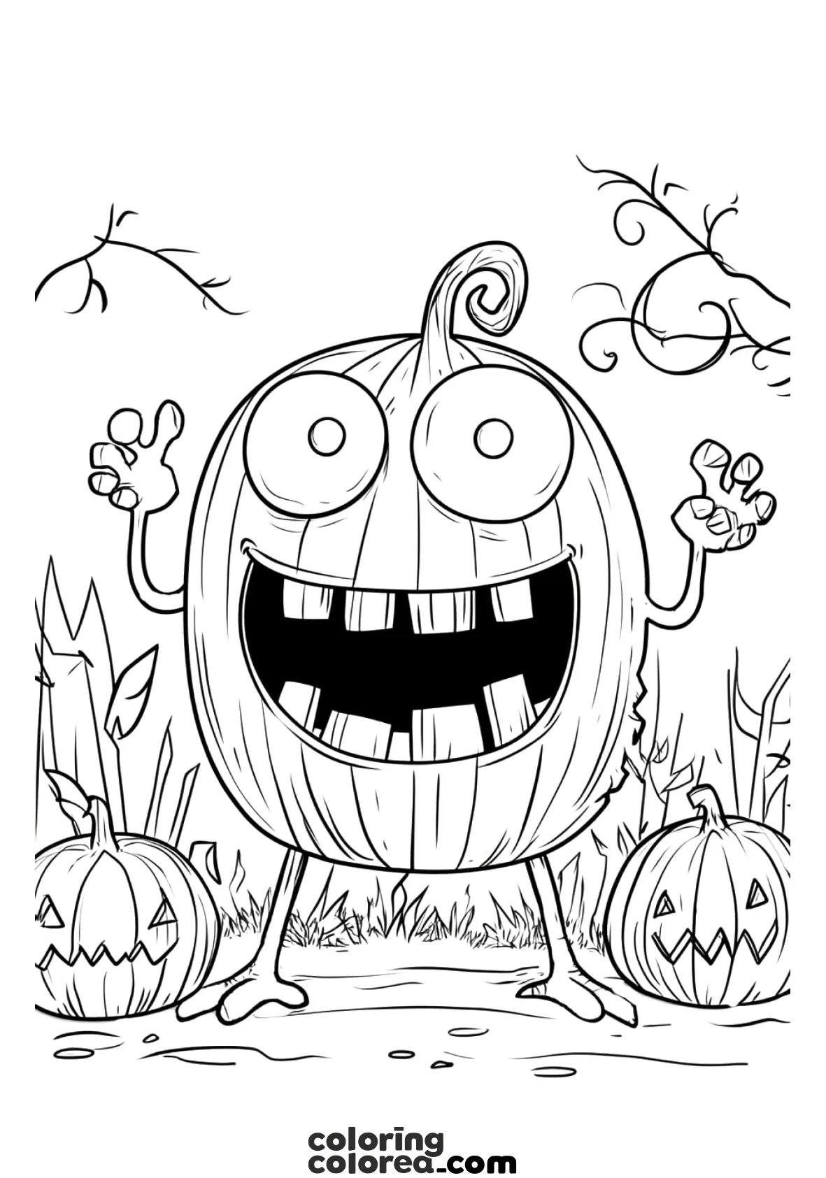 Dibujo para colorear de una divertida y loca calabaza de Halloween