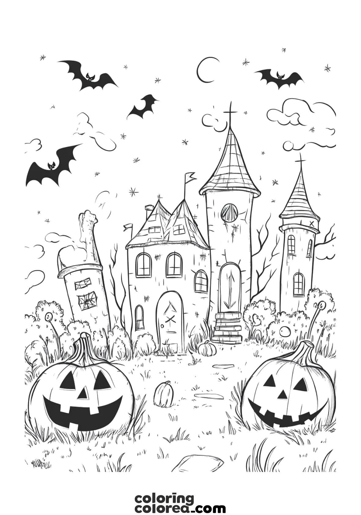 Dibujo para colorear de un paisaje de Halloween espeluznante y terrorífico