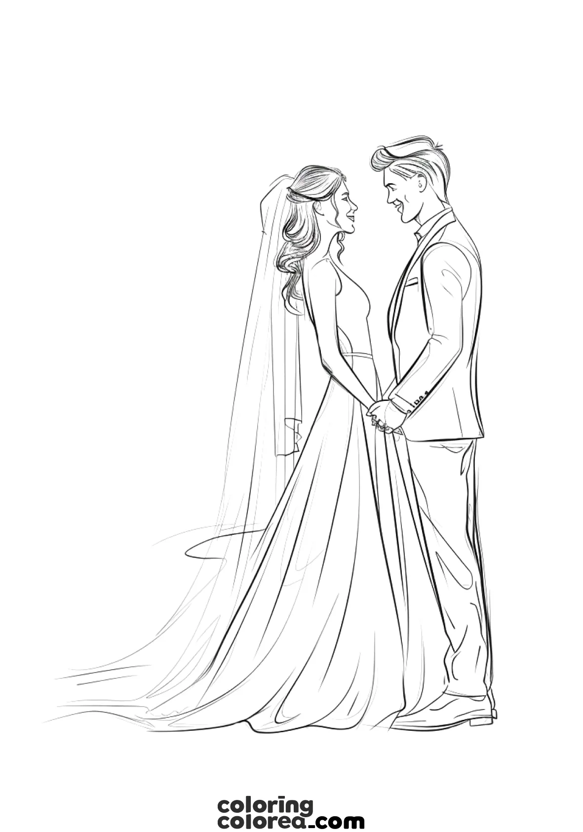 Colouring drawing of a man and a woman getting married. Wedding