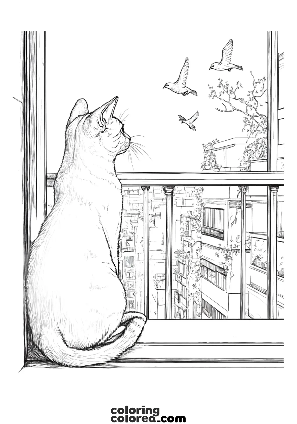 Dibujo para colorear de un gato observando los pájaros desde su ventana