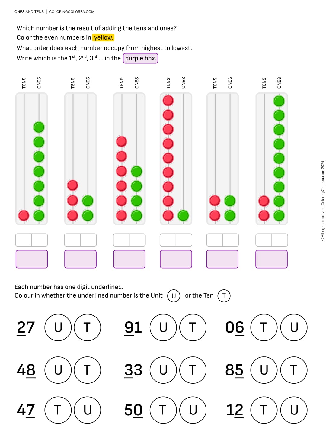 Maths worksheet to reinforce units, tens and ordinal numbers