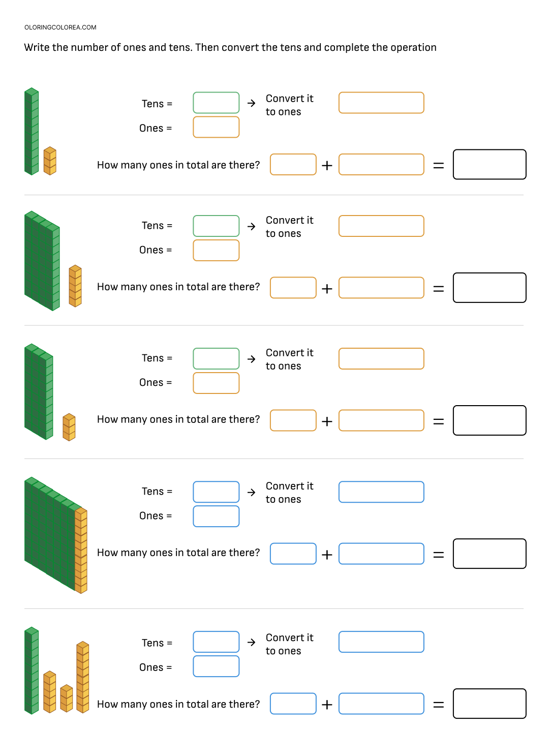 Maths worksheet to reinforce the decimal system: units, and tens.