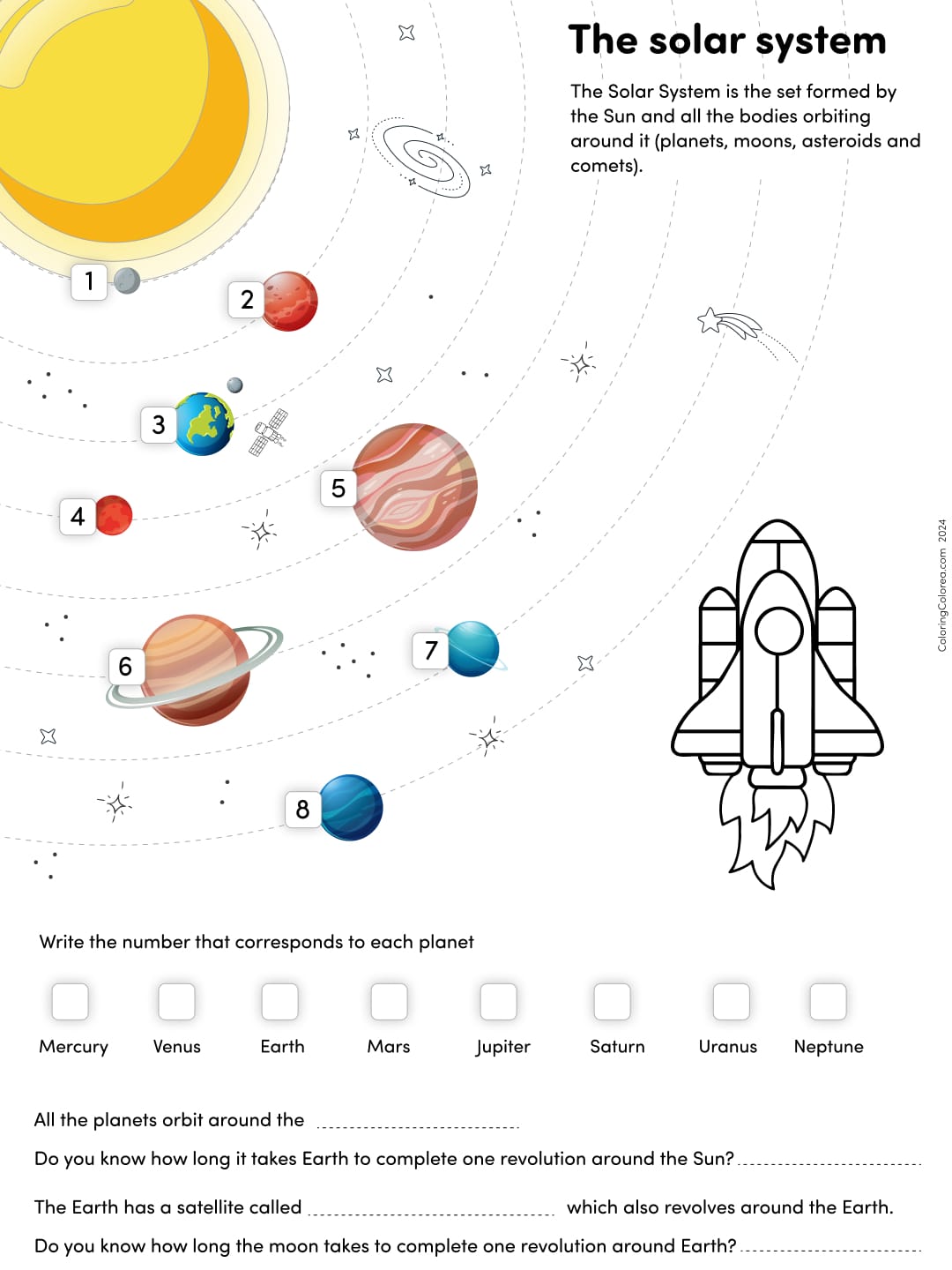 Solar system education worksheet for primary school children