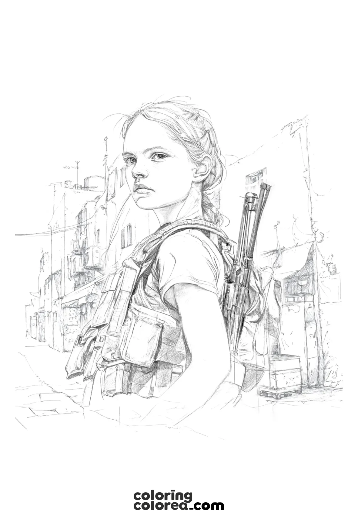 Dibujo para colorear de una chica joven en un escenario de guerra