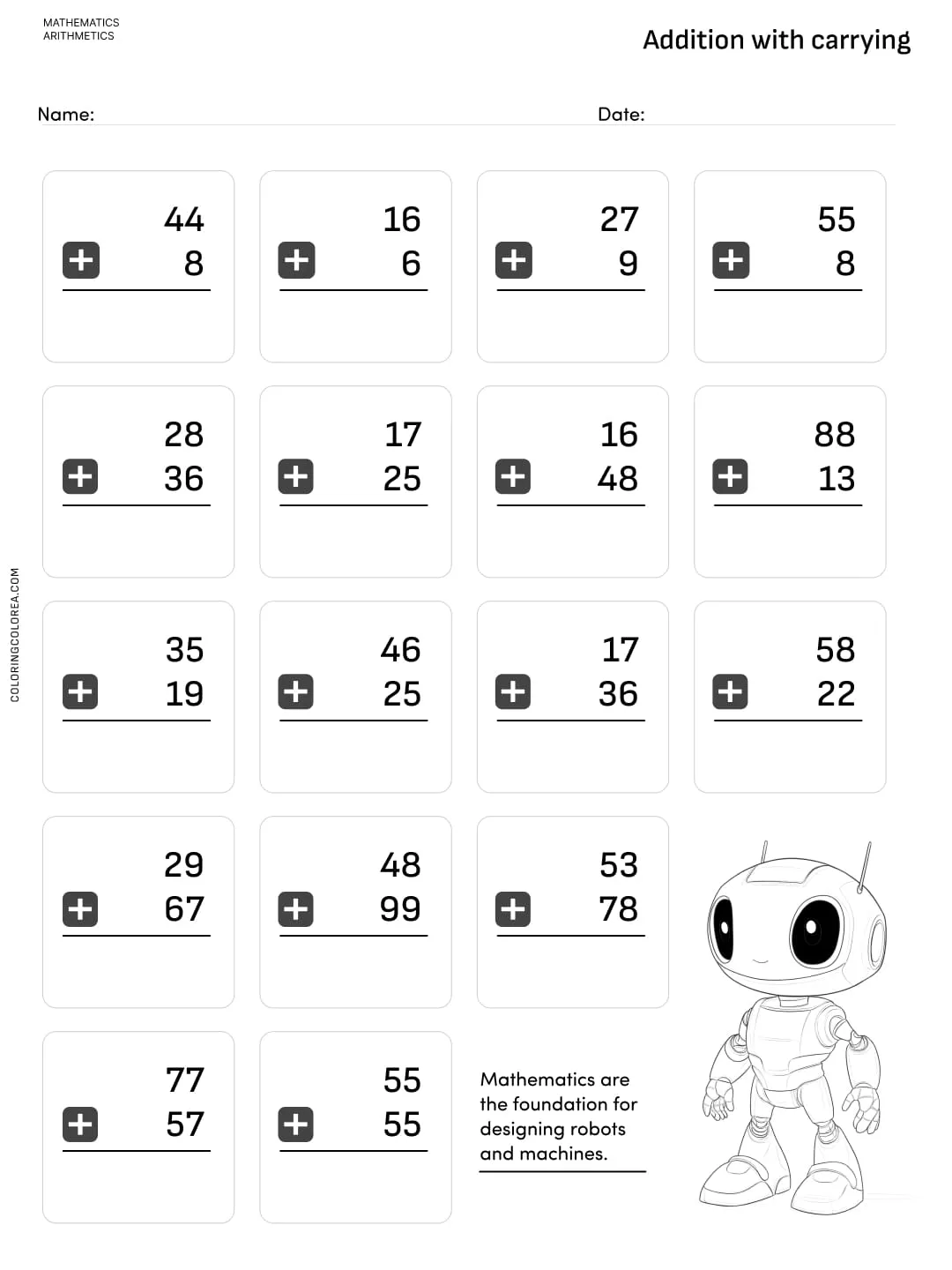 Maths exercises: addition with carried numbers for 6 to 8 year olds