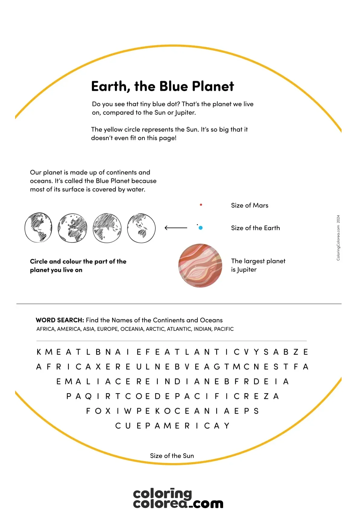 Free educational factsheet on planet Earth - the continents and oceans - and their size relative to the sun