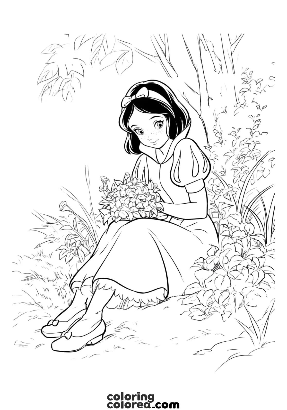 Dibujo para colorear gratis de Blancanieves en el bosque con un ramo de flores