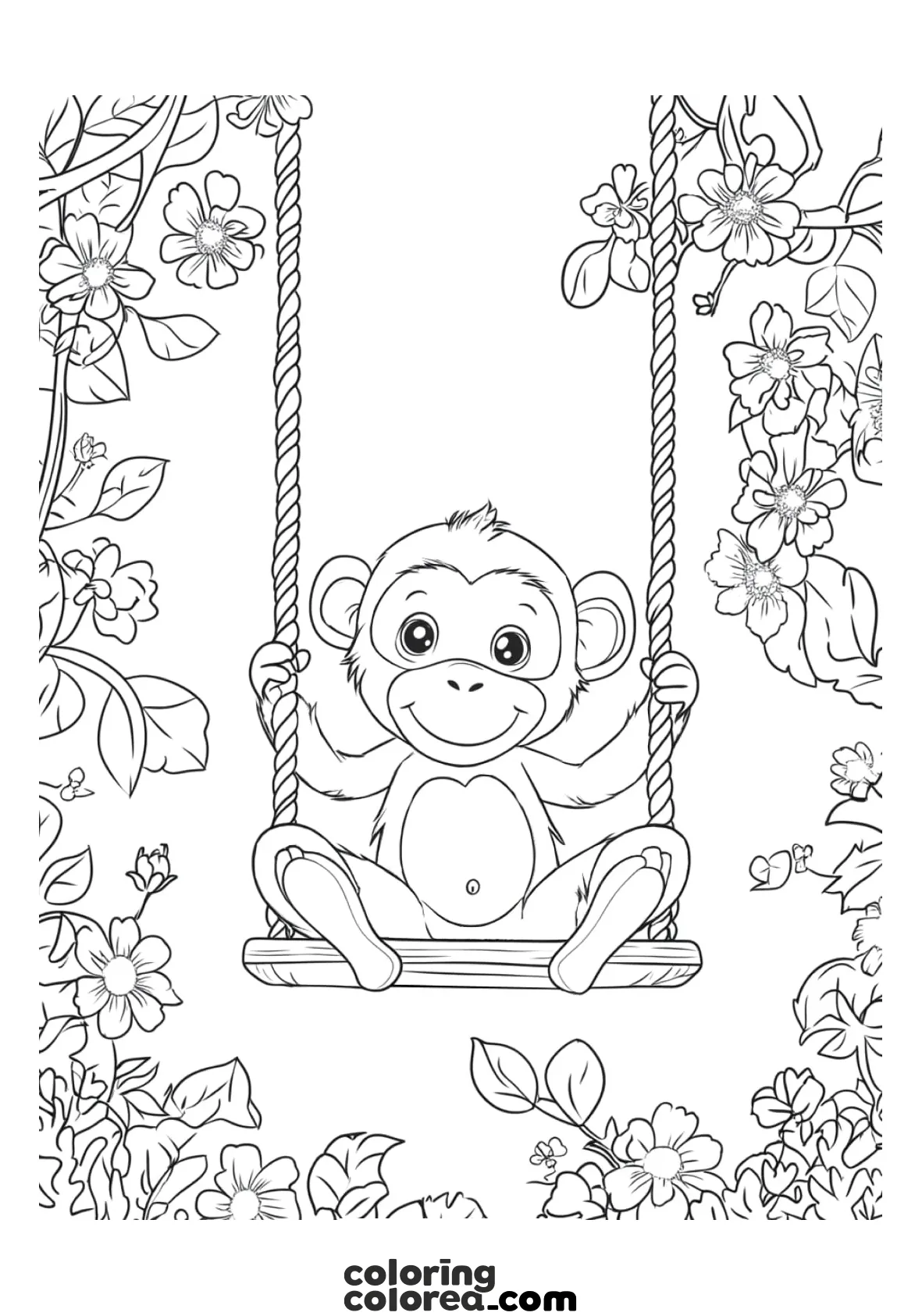 Dibujo para colorear de un simpático mono en un columpio