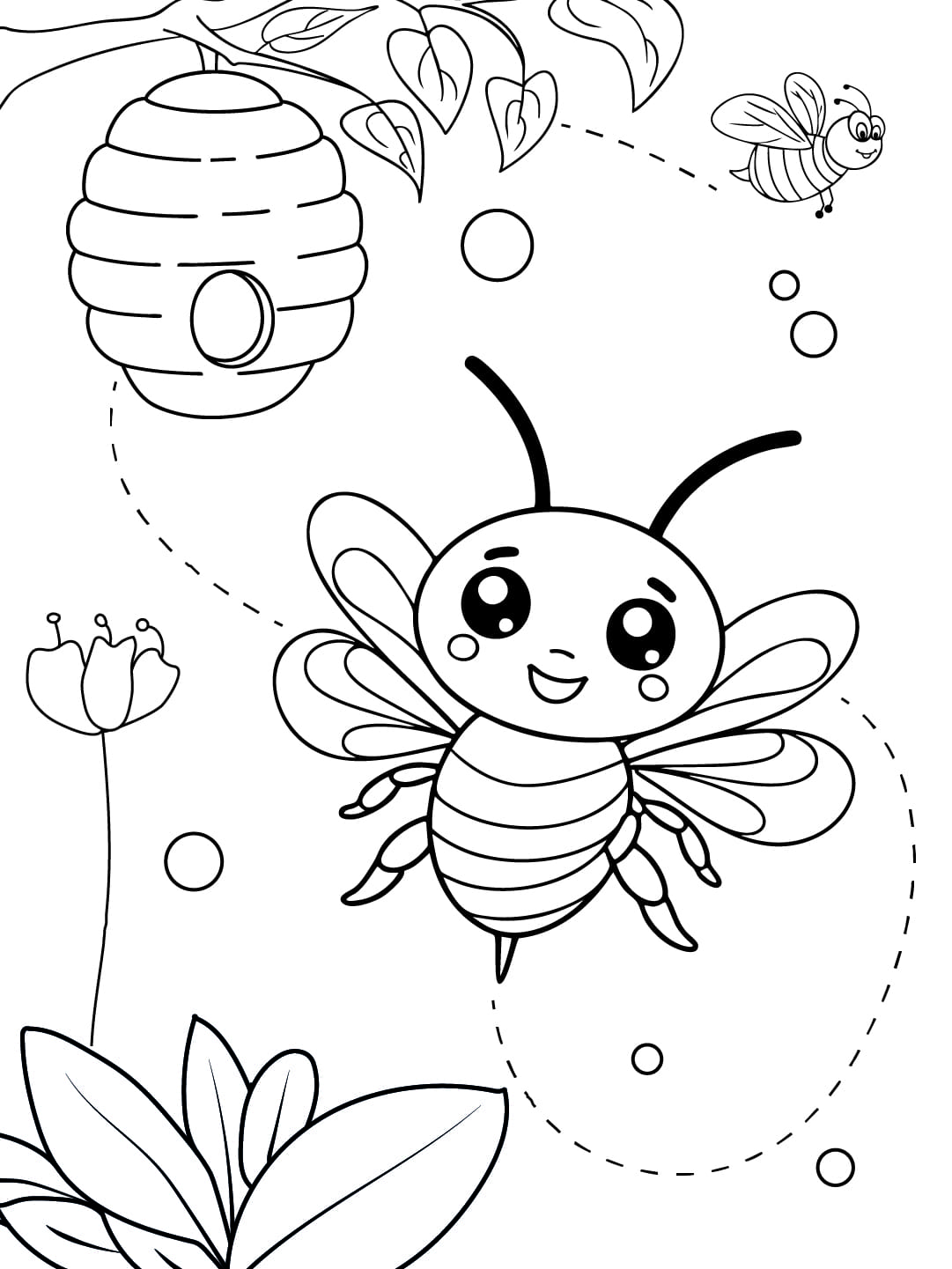 Colouring drawing of a bee flying around the beehive