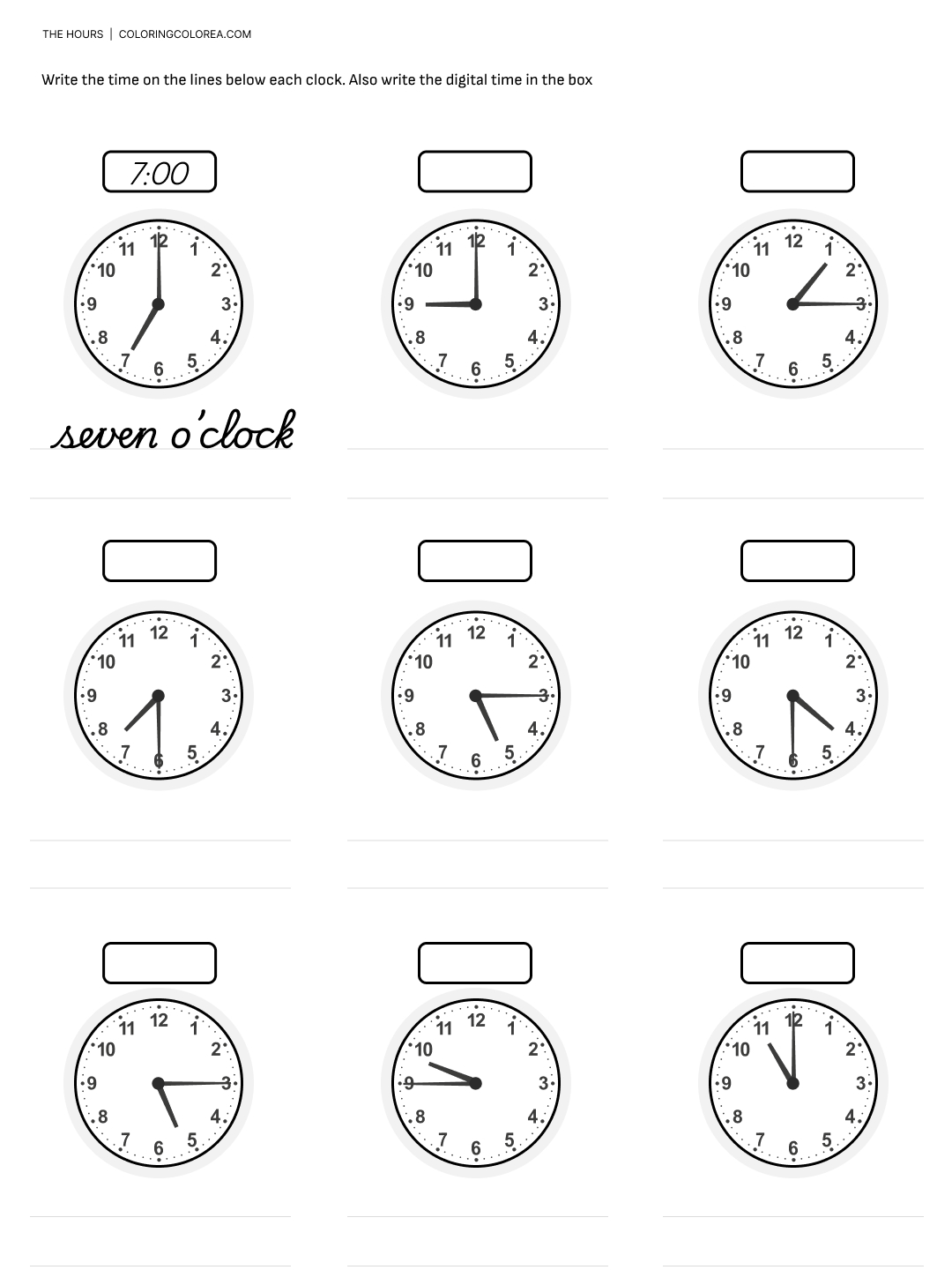 Free educational resource for learning to read the time on the clock.