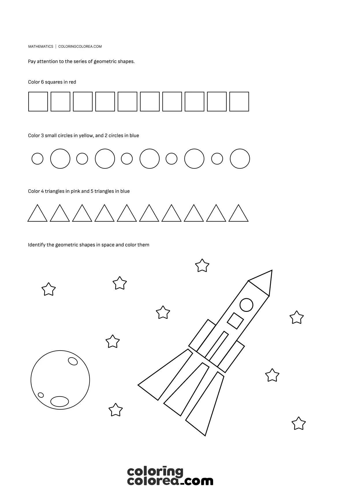 Educational worksheet with geometric shapes. Colour in circles, squares and triangles with this fun educational resource.