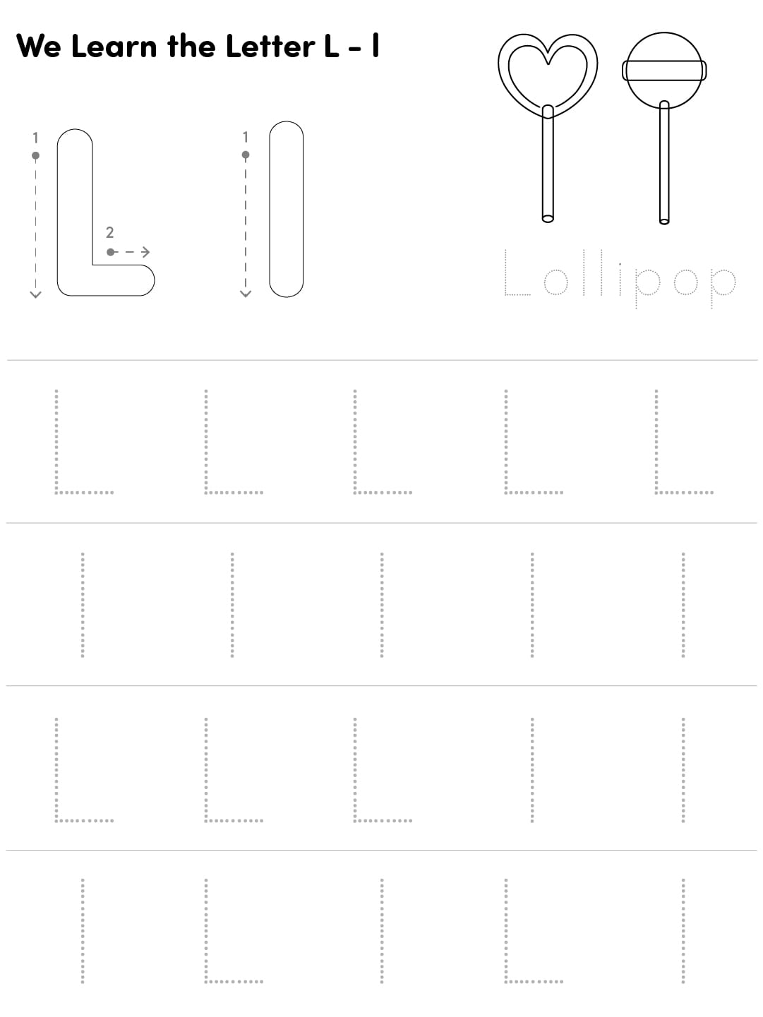 Educational worksheet. We learn to trace the capital letter L and the lower case l.