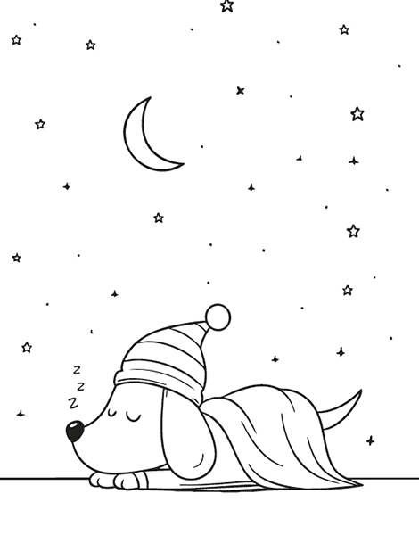 Colouring picture of a puppy sleeping under the moon