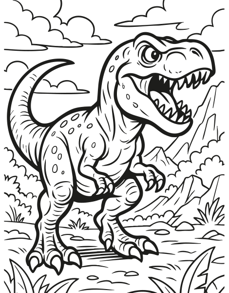 Free colouring picture of a Tyrannosaurus rex dinosaur