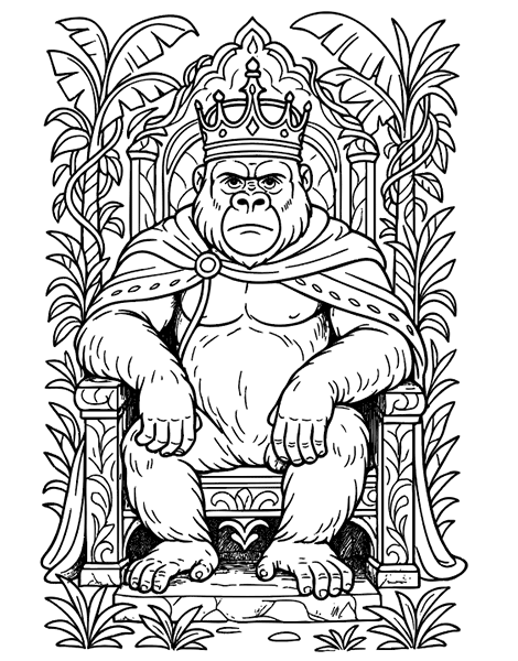 Colouring picture of a large gorilla sitting on his throne in the jungle