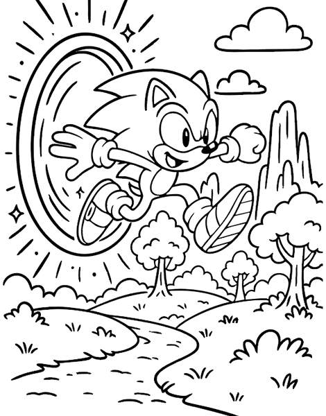 Colouring picture of Sonic the blue hedgehog running through a portal in a natural landscape with trees, a path and clouds.