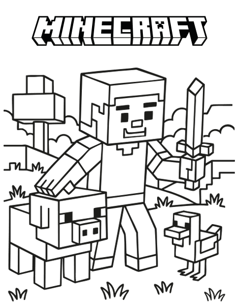 Free colouring picture of Steve with his pig and duck in Minecraft