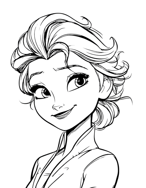 Free colouring page of Princess Elsa from the Disney film Frozen.