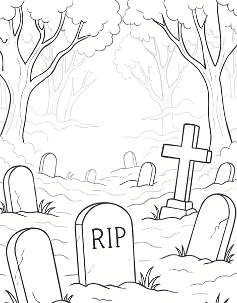Colorea gratis un cementerio como escenario para tus dibujos de Halloween