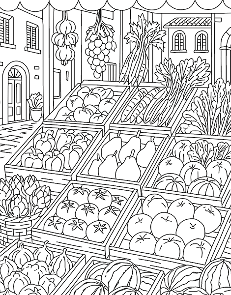 Dibujo para colorear de un puesto de alimentos con frutas y verduras en un mercado callejero