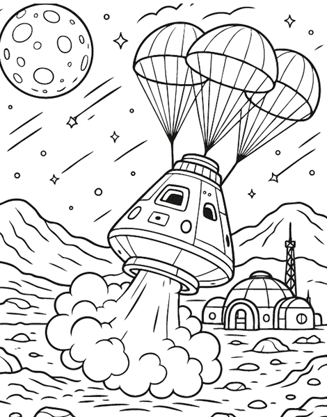Imagen para pintar y colorear de un modulo espacial aterrizando en un planeta desconocido. Para aquellos niños y niñas que sueñan con ser astronautas