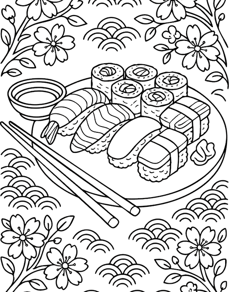 Dibujo para colorear de sushi japonés con flores de sakura